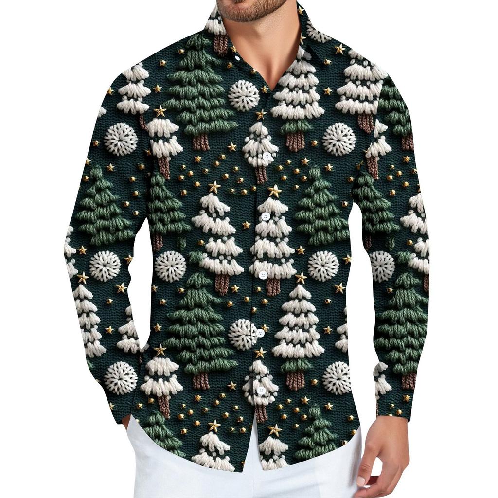 Men's Christmas Shirt Christmas Print Long Sleeve Button Shirt