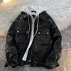Jaqueta de Couro com Capuz Falsa Duas Peças Y2k Feminina Outono Inverno Nova Design de Moda Ins Casaco Americano Retrô Casual Solto Roupas de Casal