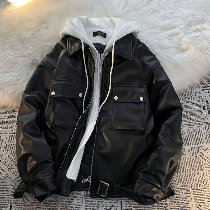 Y2k Fake Two Piece Hooded Leather Jacket Women's Autumn Winter New Ins Fashion Design Coat American Retro Casual Loose Couple Clothes