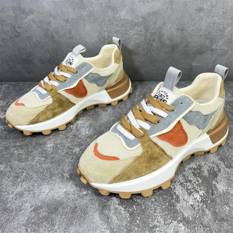 Color Block Fashion Chunky Sneaker Men Running Shoes Casual Leather Fabric Breathable Height Increased Platform Sport Shoes