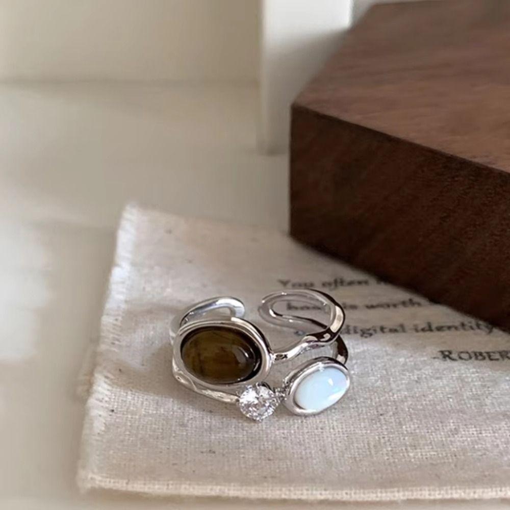 Open Ring Zircon Double Layer Ring Brown Stone Geometric Resizable Ring  Aesthetic Accessories