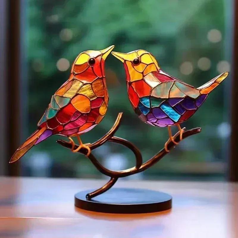 2/3/5bird Stained Acrylic Birds Branch Desktop Ornaments Double Sided Multicolor Style Craft Statue Ornaments Desktop Decoration