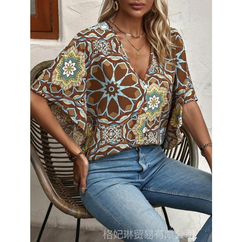 Summer new printed T-shirt bat sleeve women's shirt top V-neck short sleeve