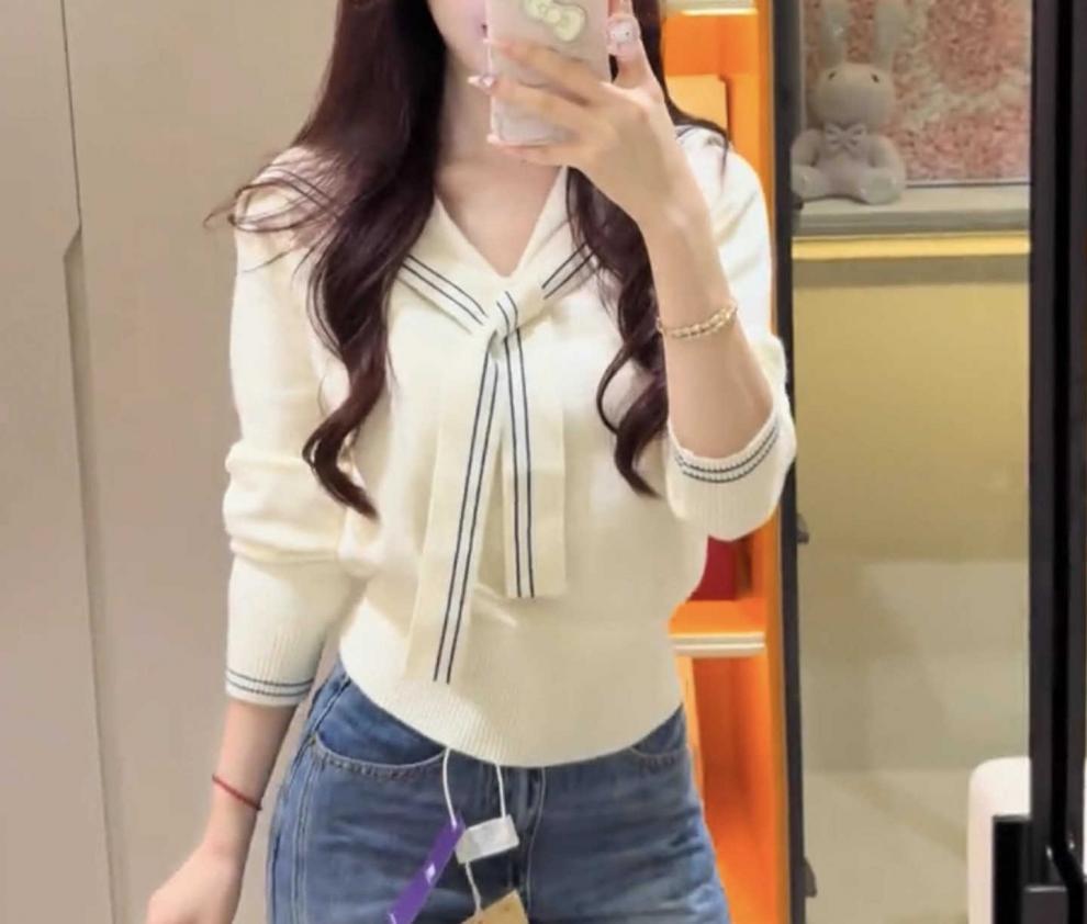 

Вязаный свитер в стиле колледжа с контрастным темно-синим воротником, женский осенний новый темпераментный тонкий свитер-шаль с лацканами, тренд One size абрикосовый