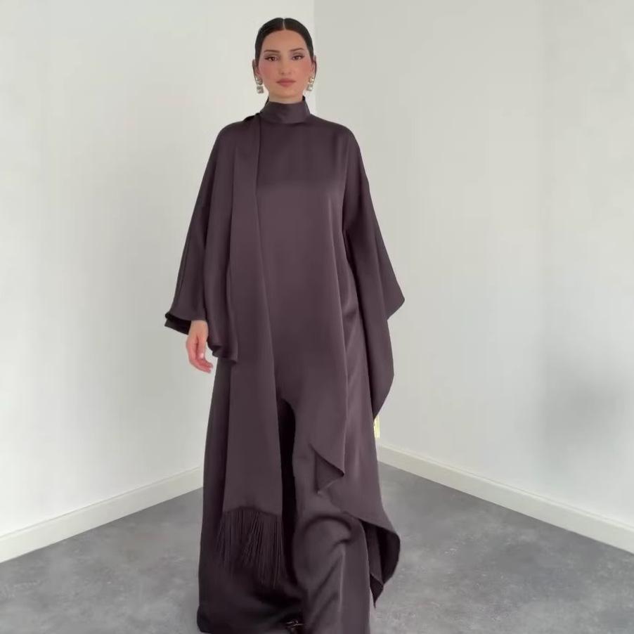 Cross-border European and American Women's Clothing 2026 Spring Amazon Long Hooded Fringed Shawl Dress Wide-leg Pants Set