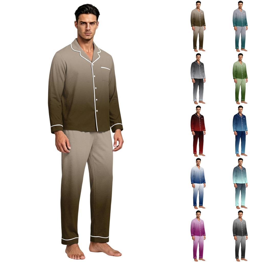 Men's Gradient Print Pajama Set: Loose Fit Lapel Cardigan & Straight Leg Pants - 2 Piece Sleepwear