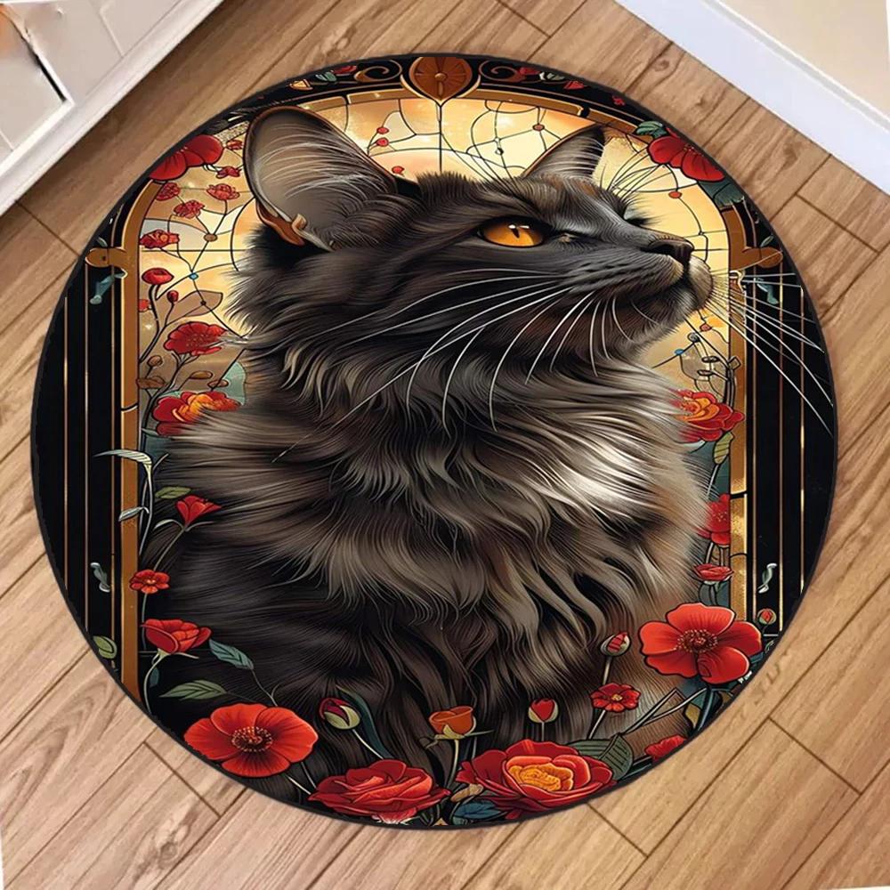 Retro Katze Runder Teppich Wohnzimmer Sofa Schlafzimmer Küche Balkon Eingang Teppich Rutschfest Heimdekoration Mysteriöse Geschenke Teppiche