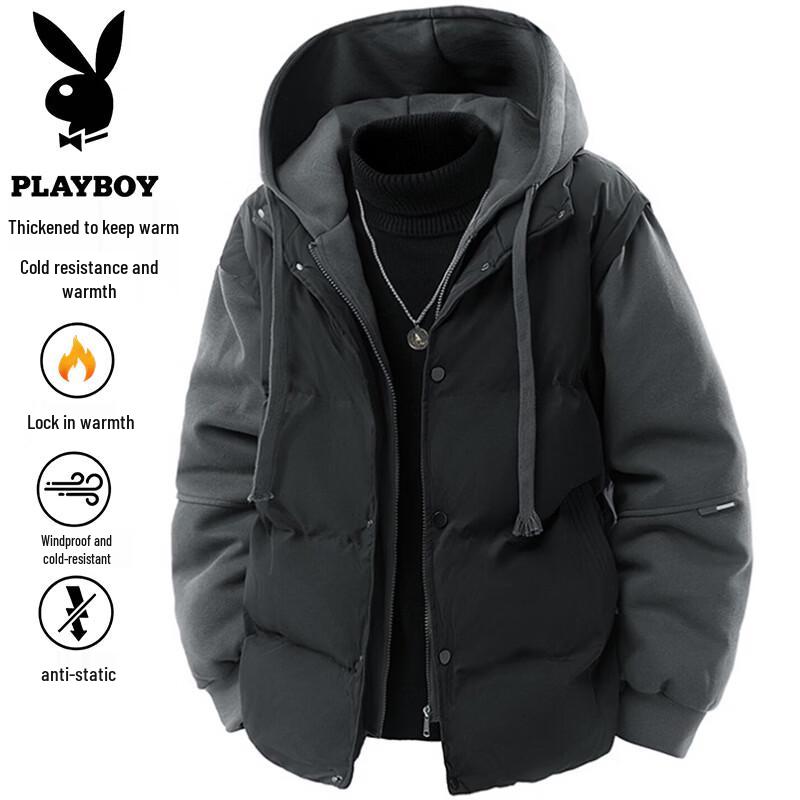 PLAYBOY Men's Hooded Faux Two-Piece Thickened Padded Jacket