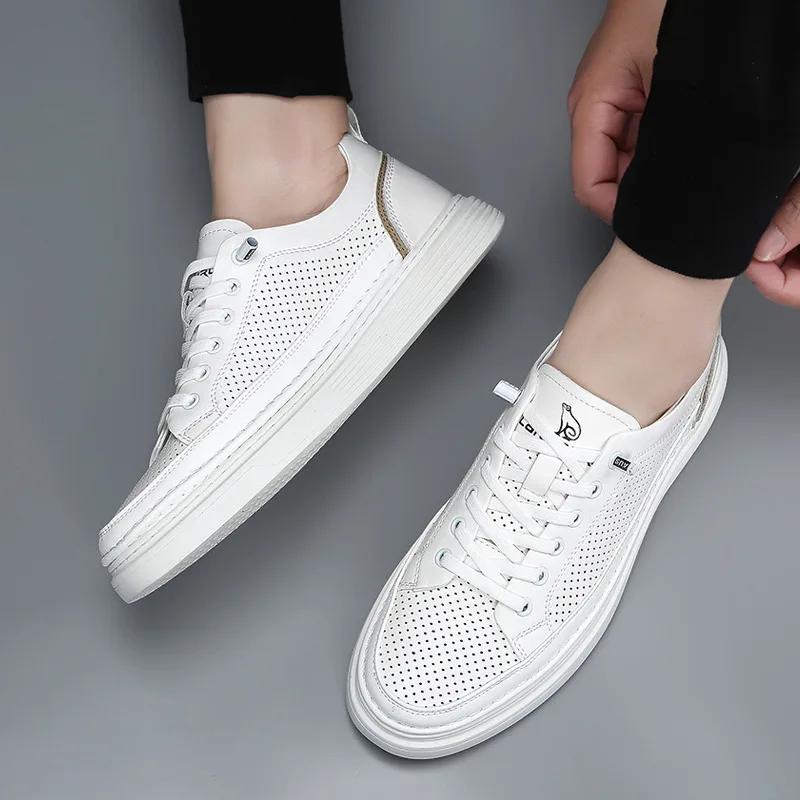 Neue Herren Freizeit-Schuhe aus echtem Leder Atmungsaktiv Mikroporös Flache Skate-Schuhe Schnür-Sneaker