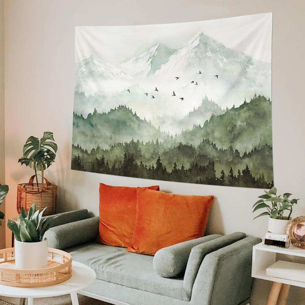 kampdream Mountain Forest Tapestry, Misty Foggy Teal Blue Tree Landscape Watercolor Art Wall Tapestries, Nature Scenery Tapestry