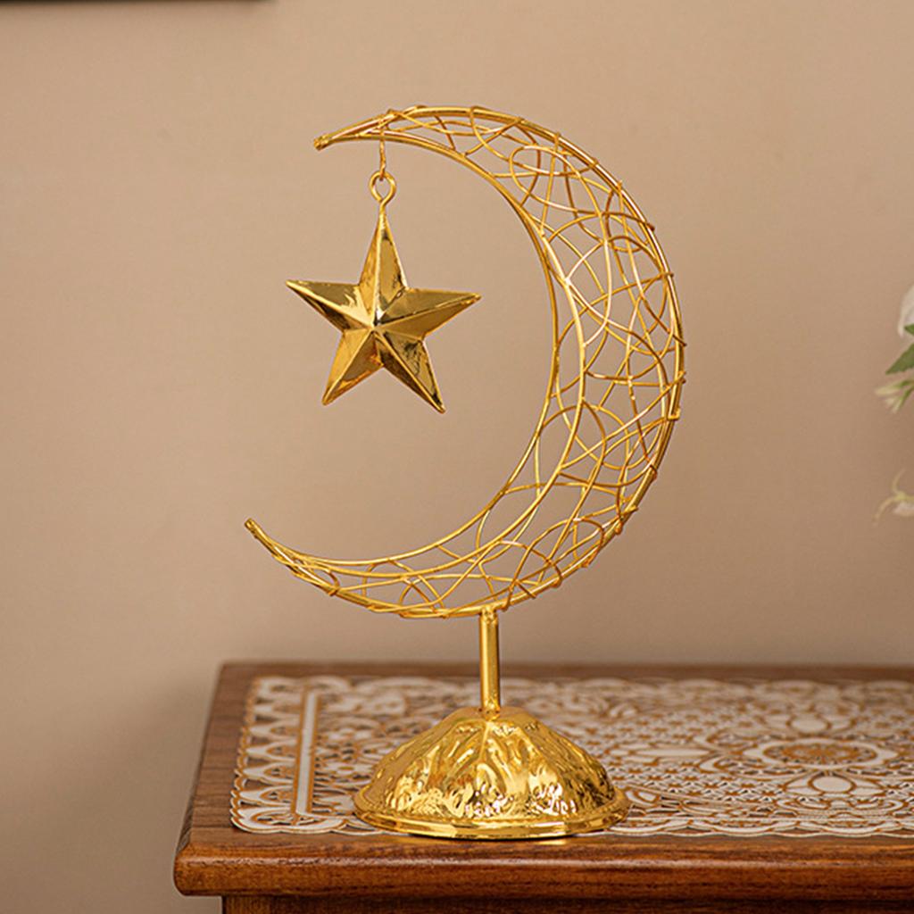 Eid Mubarak Ramadans Handheld Moon and Star Metal Hollowed Ornament Decors with Base for Muslims Islamic Party Supplies