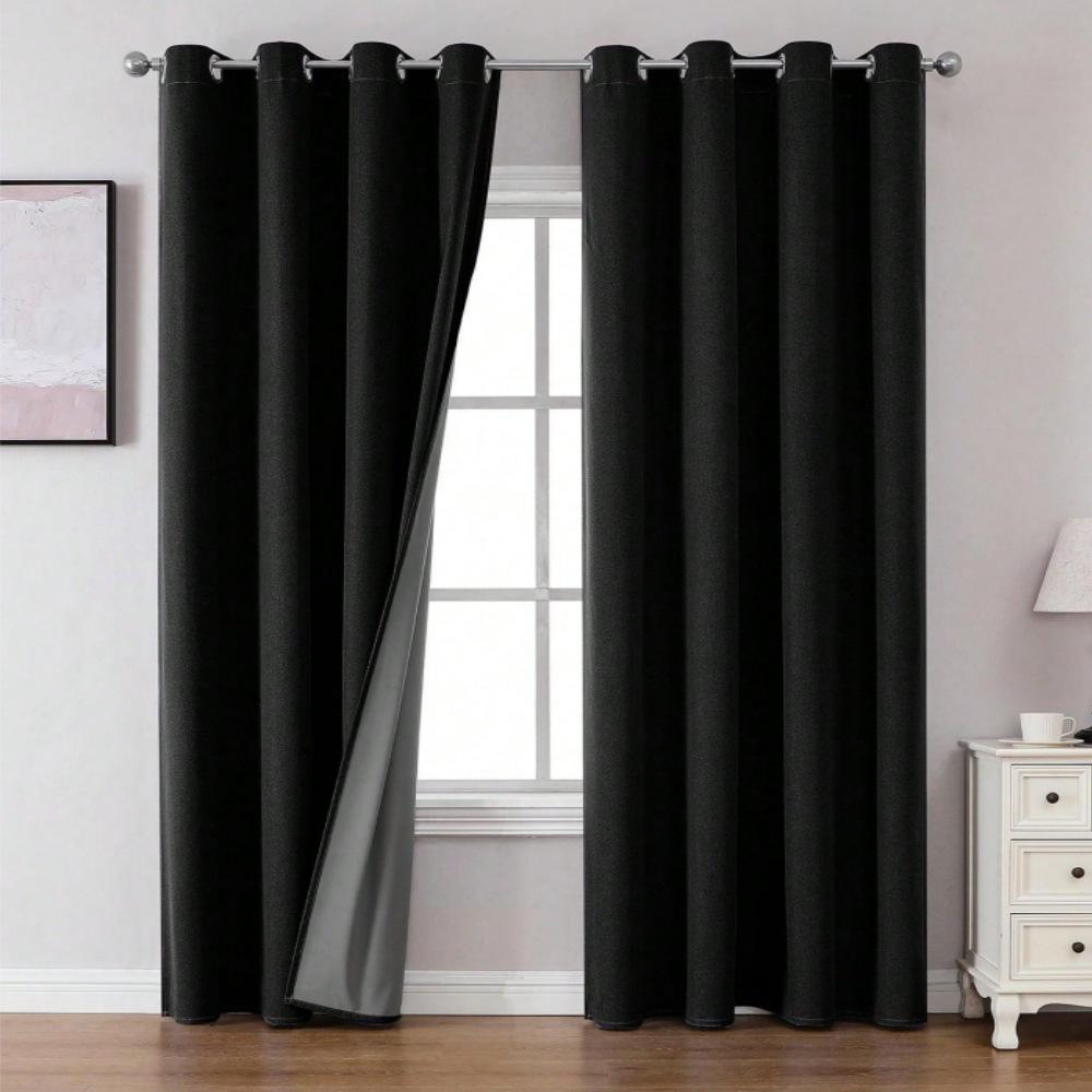 1PC Composite Black Film Full Light-Blocking Curtain, Pre-Punched Sunblocking Finished Curtain for Living Room