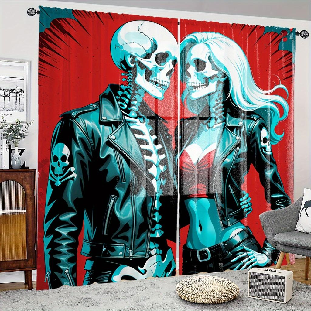 2pcs Halloween Red Rose Gothic Skeleton Rod Pocket Curtain For Living Room Bedroom Office Child Room Decor Study Coffee Shop