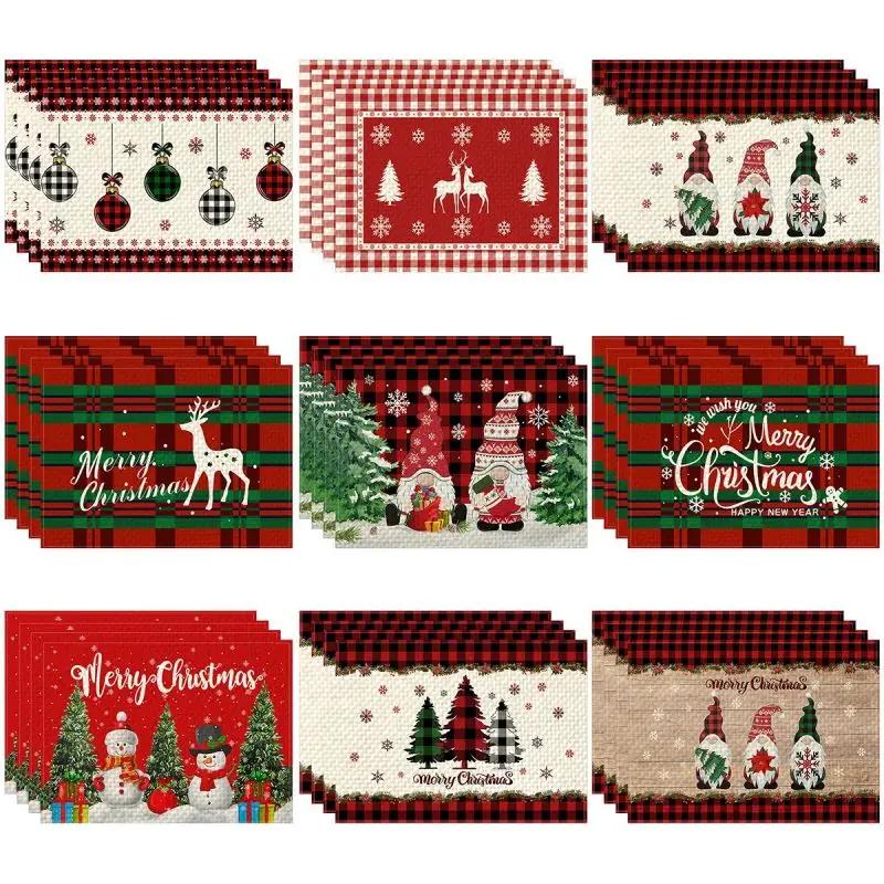 1PC Christmas Placemats Linen Christmas Trees Snowflake Gnome Print Table Mats Xmas Table Pads for Home Hotel