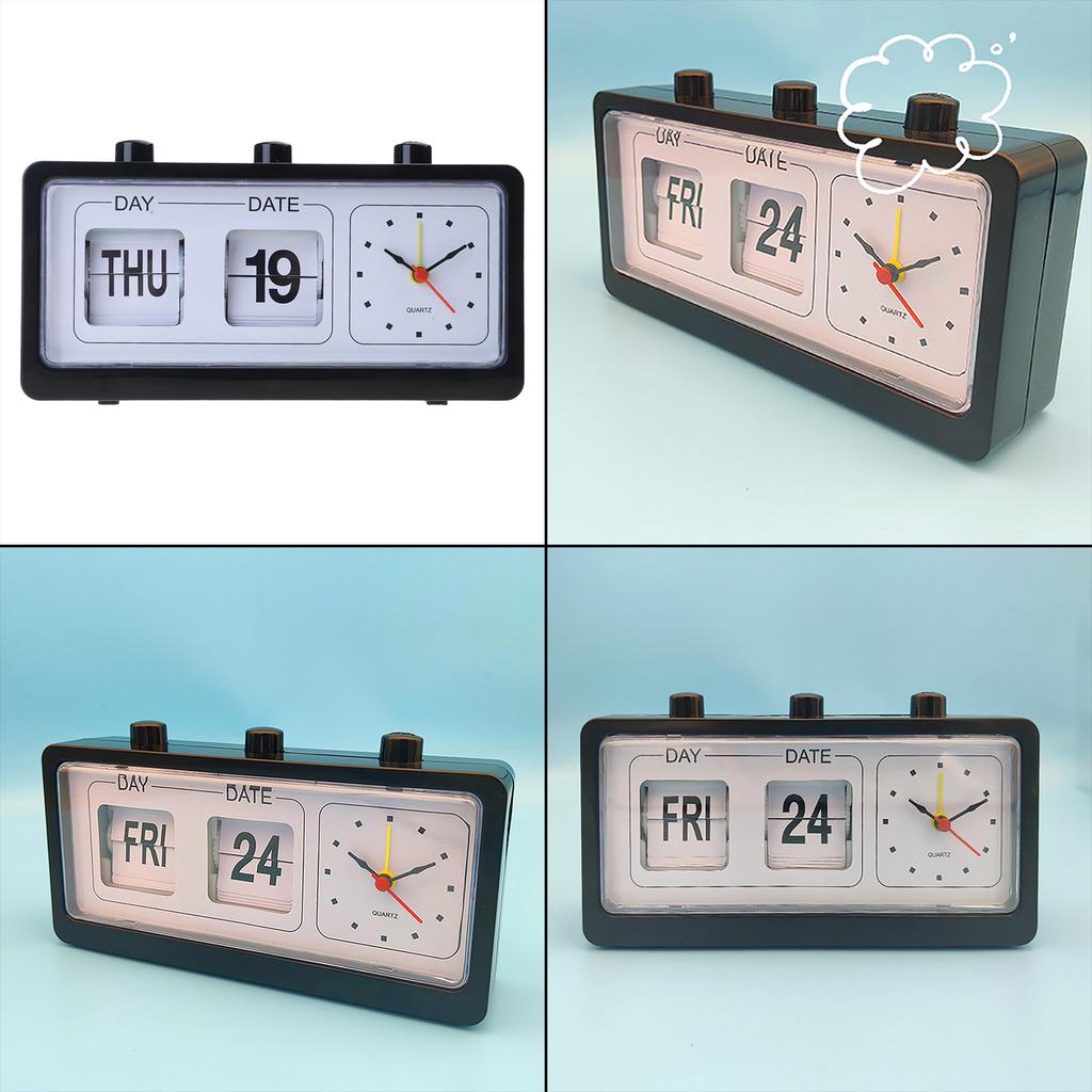 Classical Retro Mechanical Alarm Clock with Manual Flipped Calendar Date Day Time Display for Living Room or Office