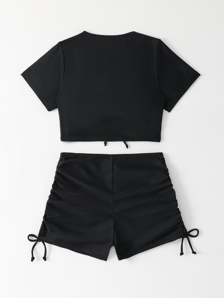 European & American Women's Solid Color High-Waisted Two-Piece Swimsuit Bikini
