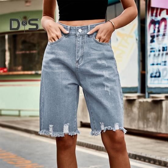Women's High Waisted Distressed Bermuda Denim Shorts Knee Length Ripped Stretchy Jean Shorts with Pockets Frayed Hem Short Pants