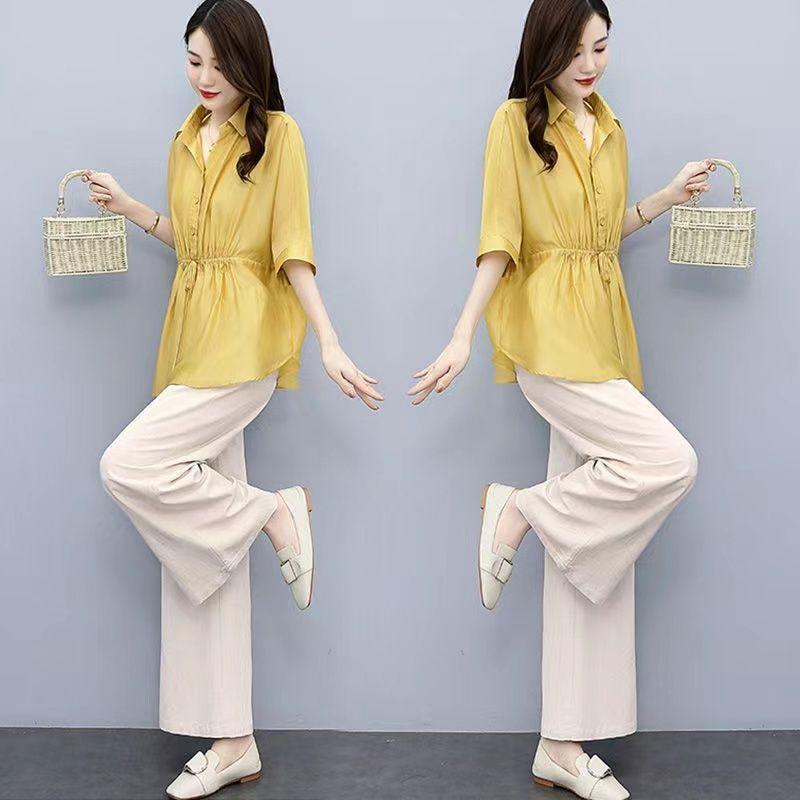 Set di Pantaloni Larghi alla Moda in Cotone e Lino da Donna Primavera Estate Dimagrante Elegante Anti-invecchiamento Taglia Grande Due Pezzi