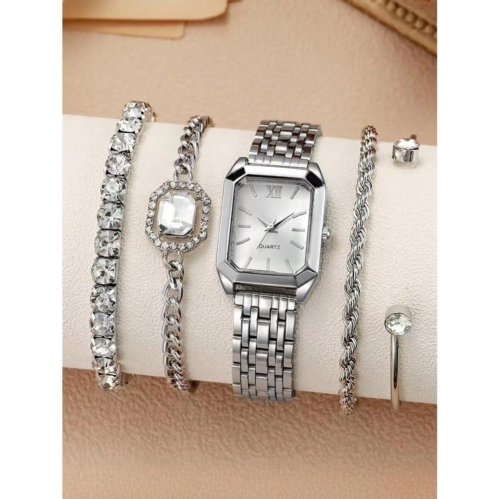 Relógio Facial Romano Pulseira de Aço Inoxidável para Mulheres Conjunto de Acessórios para Relógio de Quartzo Relógio Versátil de Liga para Estudante