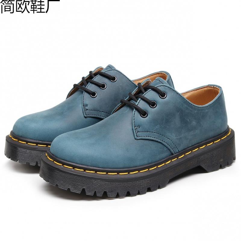 Martin Boots First Layer 1 Low-top Small Leather Shoes Women's Leather Crazy Horse Blue Large Size Short Boots Round Head Men's Break
