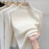 Women's Autumn Winter White Pullover Base Layer Sweater with Ruffled Trim - Half-High Neck Knit Inner Wear Top for Spring and Autumn