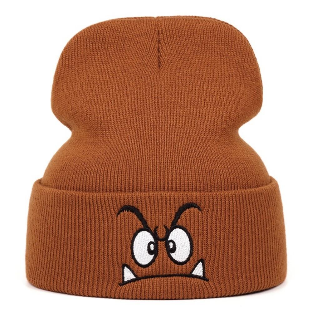 New Warm Knit Hat Angry Expression Embroidered Beanie Hat Leisure Cycling Cap for Men Women