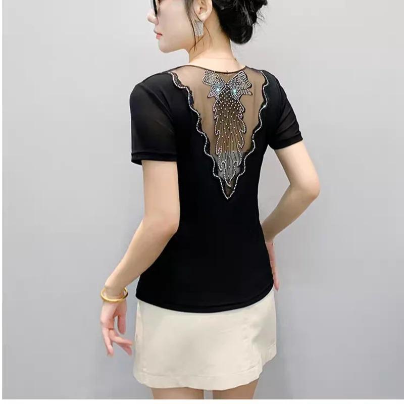 Summer Women's Short Sleeved T-Shirt Fashion Sexy Hollow Out Luxury Hot Diamonds Flower Tees Casual Brand Tops