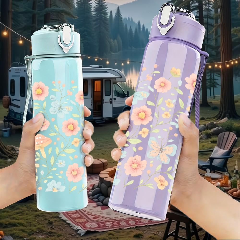 1PC Soft Pastel Mixed Small Floral Pattern Print 750ml Color Plastic Sports Water Bottle Leakproof Flip Straw Lid Suitable for Sports Office Home Use