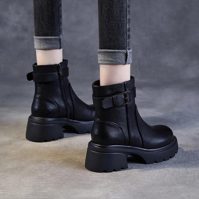 

Женские кожаные мотоциклетные ботинки на высоком каблуке с боковой молнией, толстой подошвой и пряжкой - Идеальны для осени и зимы. 35