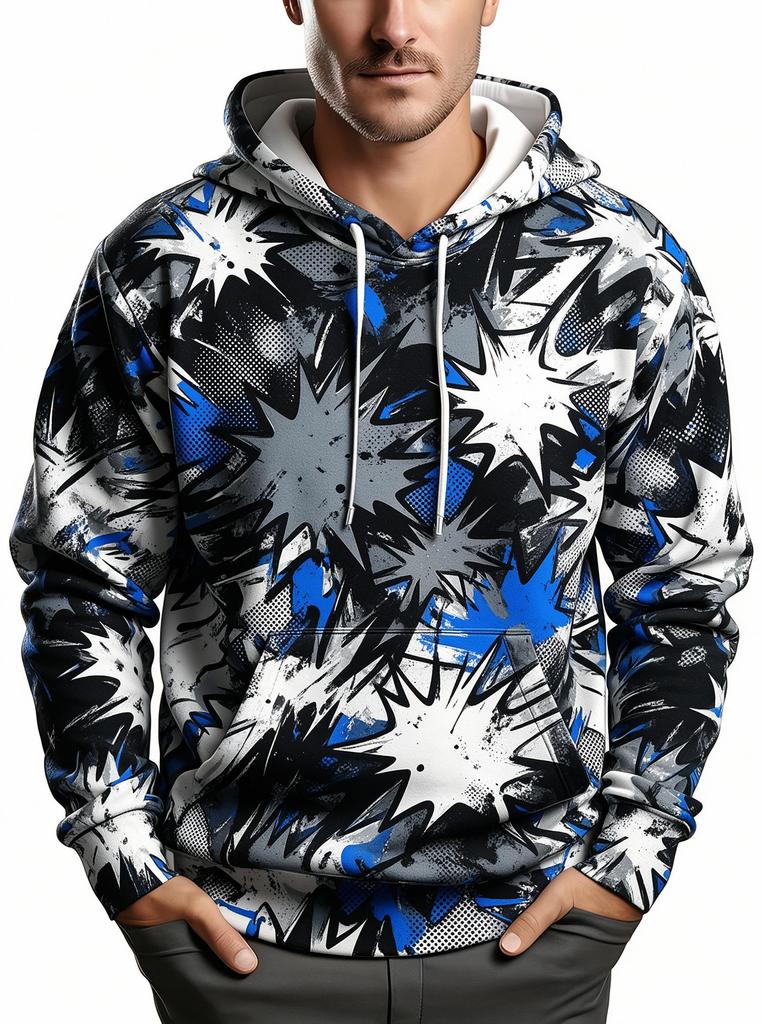 2026 Men's Hoodie Thin Autumn Winter Blue Green White Brush Stroke Print Long Sleeve Male Casual Sweatshirt Tops Clothes