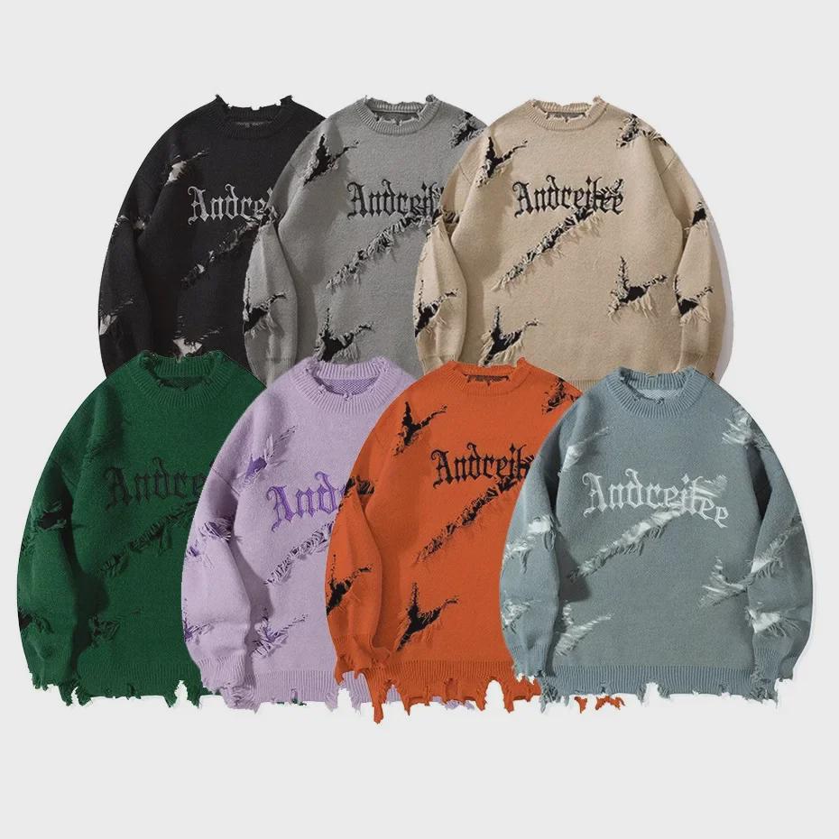 YWFG Men's Retro Letter Raw Edge Sweater - 2024 Autumn/Winter, Loose Fit, Versatile, Round Neck, Long-Sleeved Knit, Unisex.