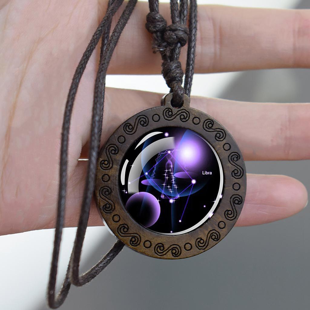 12 Constellation Necklace Starry Sky Zodiac Round Glass Wood Pendant Necklace Birthday Gift Couples Jewelry