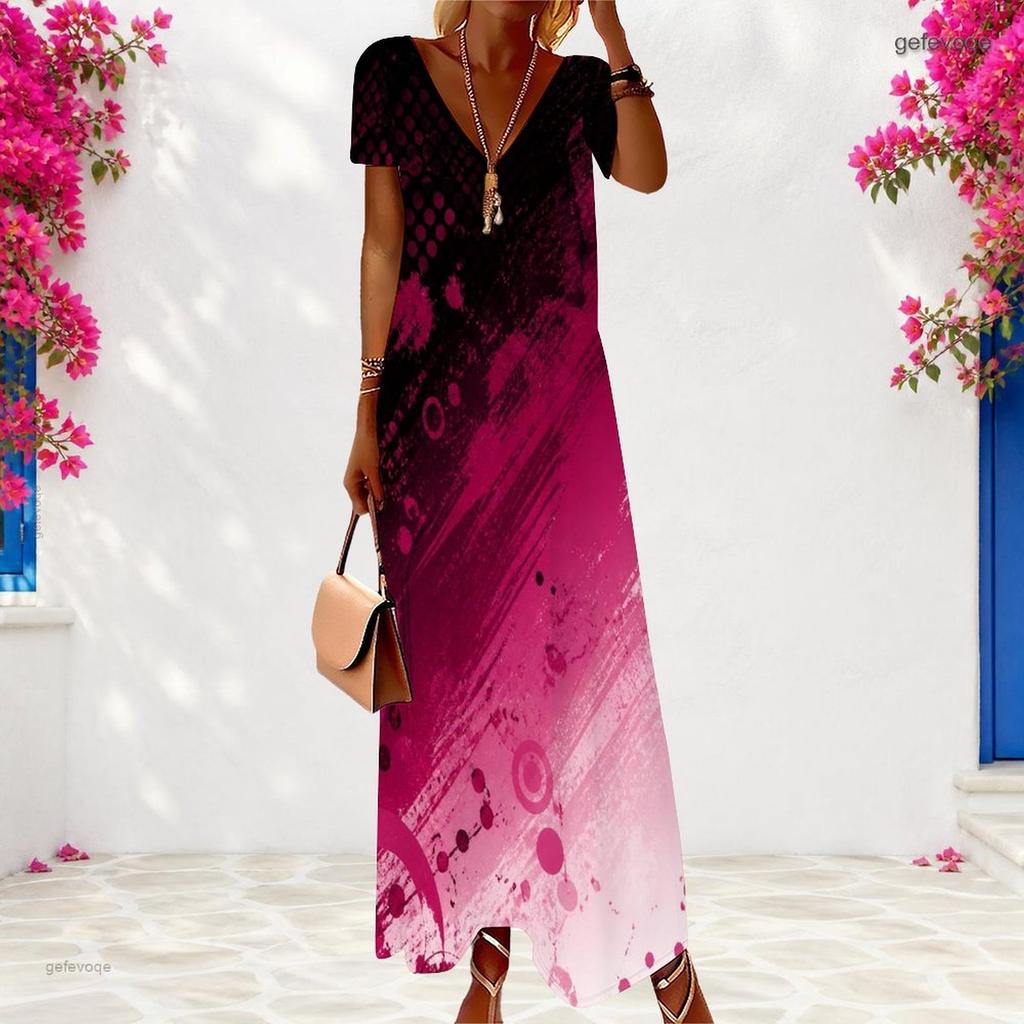 Women Plus Size Abstract Printed Red Black V Neck Short Sleeve Long Dress