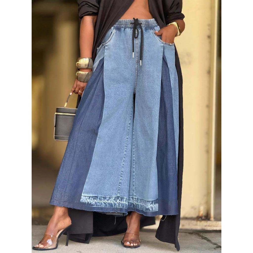 VIONA Jeans de Tiro Alto para Mujer Patchwork Plisados Sueltos Holgados Cordón Plisados Bloques de Color Pierna Ancha Jeans Cortos
