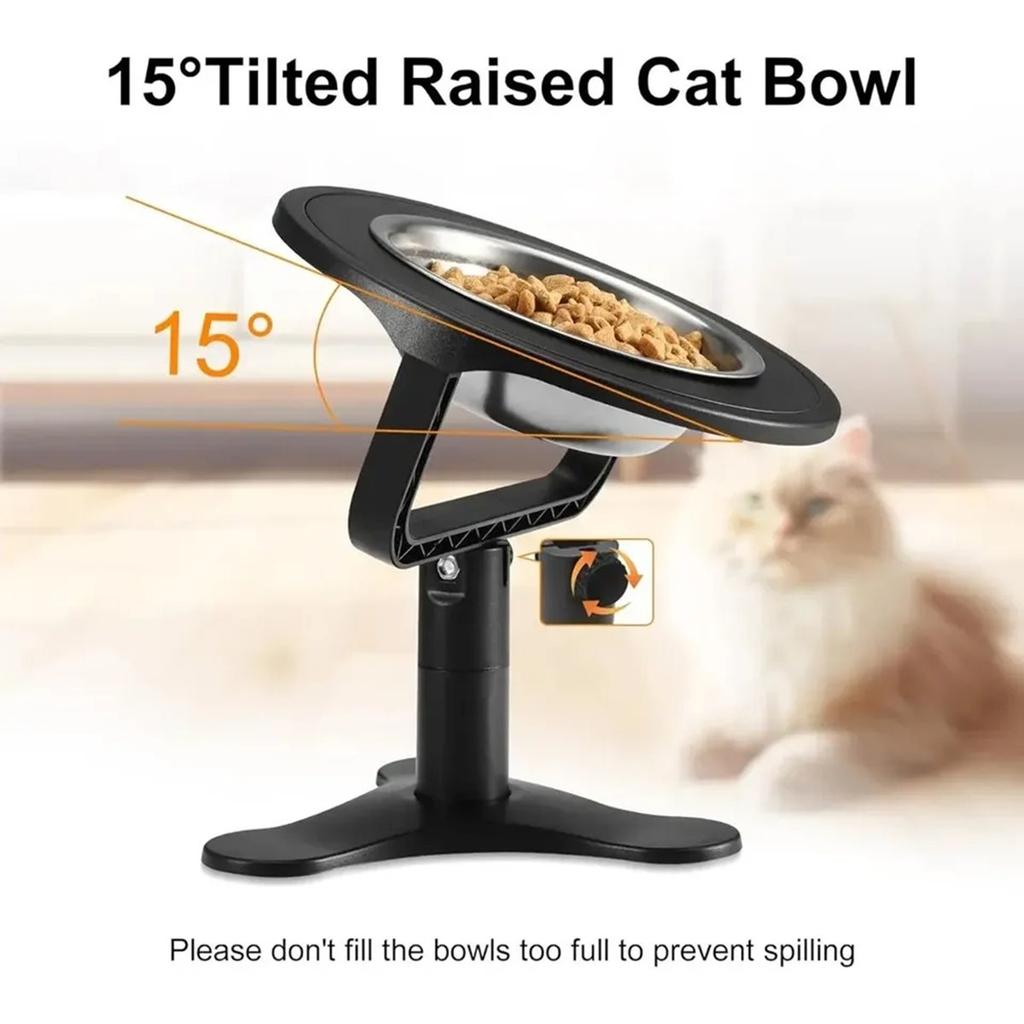 Raised Cat Bowls,Elevated for Indoor Cats with Height-Adjustable Stand Non-Slip Stainless Steel Bowl 15° Tilted Kitten