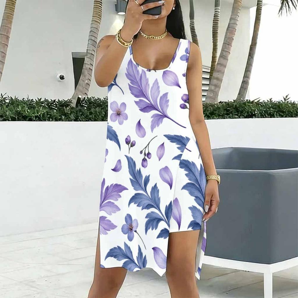 Women Plus Size Scoop Neck Sleeveless Ginkgo Leaf Printed Side Slit Tank Dress And Shorts Two Piece Set
