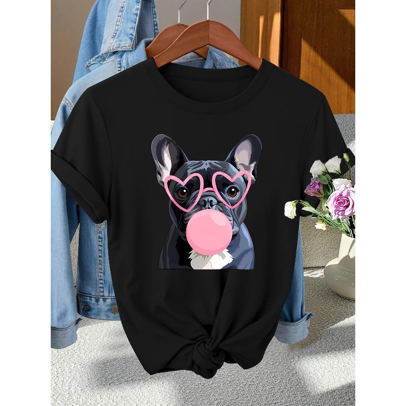 

European Size Women s Vintage Short-Sleeve T-Shirt with Cute Puppy & Bubble Gum Print - Pink Dog Pattern Blouse for Spring Summer Fall 4XL чорний