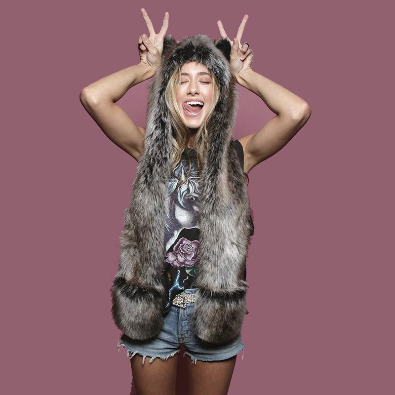 Lamaxpa Fashion Animal Women Scarf, Hat & Glove Sets 1Pcs Faux Fur Winter Warm Shawls And Wraps Hooded Fluffy Plush Dropshipping