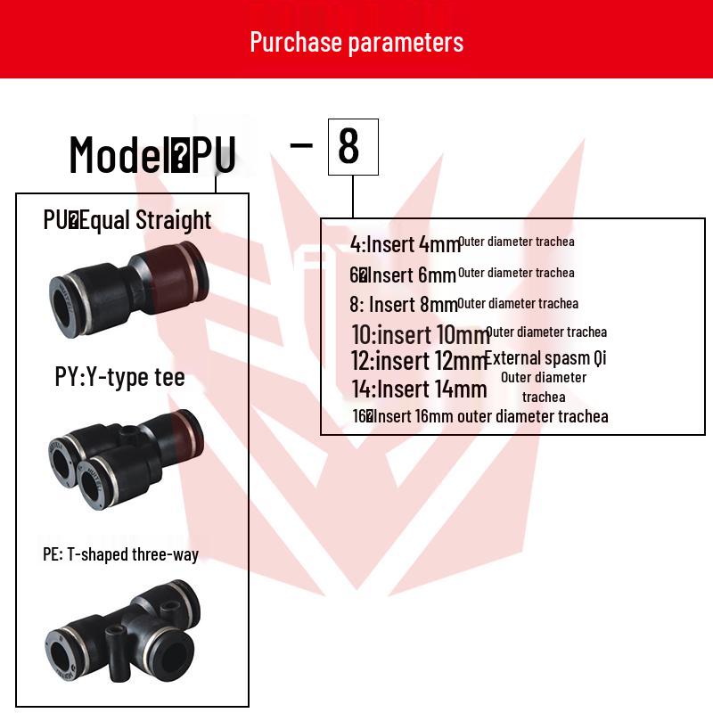 PU Pneumatic Quick Connect Air Hose Fittings, Straight & Three-Way, Sizes: 4/6/8/10/12/16mm