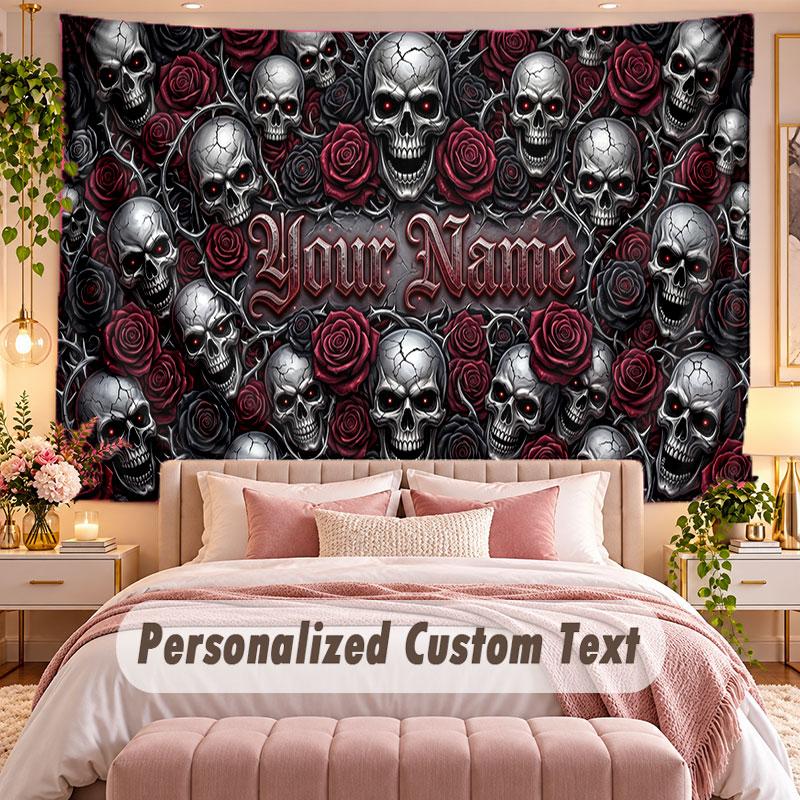 Craniu Gotic (360) Tapiserie de perete tematică personalizată cu text cu nume, Tapiserie suspendată personalizată pentru decorarea dormitorului, sufrageriei