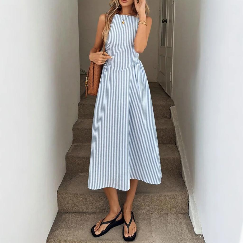 Abito Lungo a Righe Verticali da Donna, Casual Europeo e Americano Senza Maniche con Tasche, Abito alla Moda