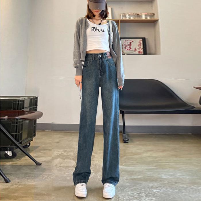 Women's Slim Fit Retro Wide-Leg Jeans - 2025 Spring/Summer Style, Small Size, Straight, Floor-Length