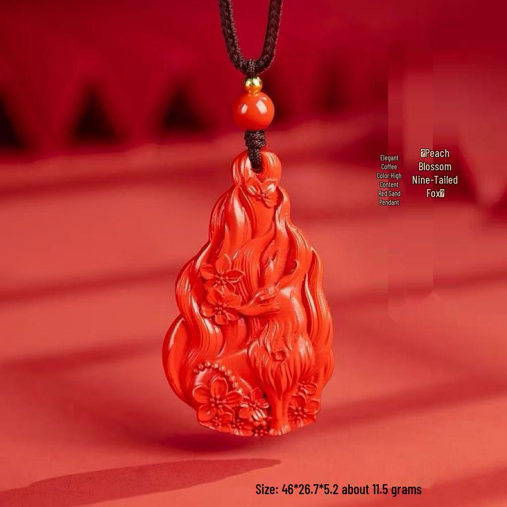 Cinnabar Zisha Red Nine-Tailed Fox Pendant Necklace & Keychain Charm