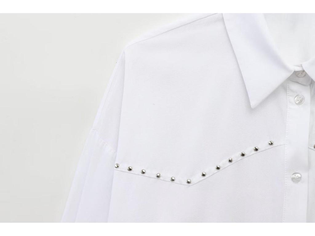 European & American 2025 Spring Women's Rivet Punk Loose Poplin Turn-Down Collar Shirt