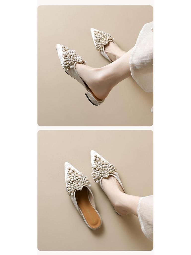 Weiwei Girl Pearl Rhinestone Slip-on Closed Toe Sandals - Women's Chinese Style Flat Heel Half Slippers for Summer