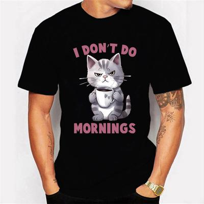 Koszulki z grafiką „I Don't Do Mornings” Zabawne koszulki z motywem kota i kawy Koszulki oversize Modne koszulki Harajuku Koszulki damskie i męskie