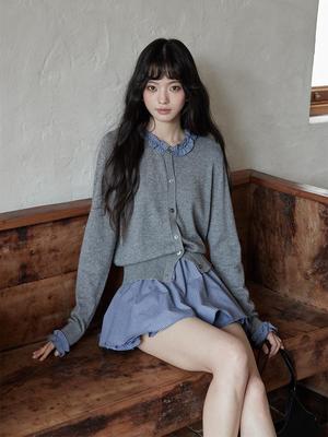 Yimeng 2025 Patchwork-Strickjacke mit langen Ärmeln im koreanischen Stil für Damen