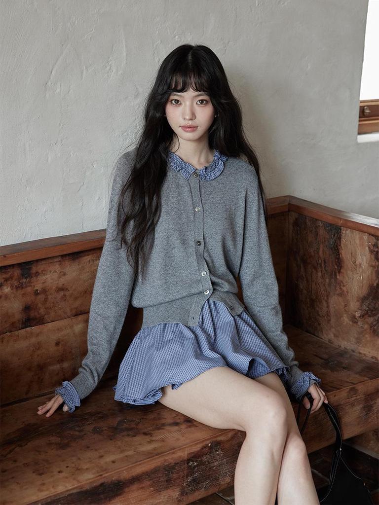 Yimeng 2025 Korean Style Patchwork Long Sleeve Knitted Cardigan for Women