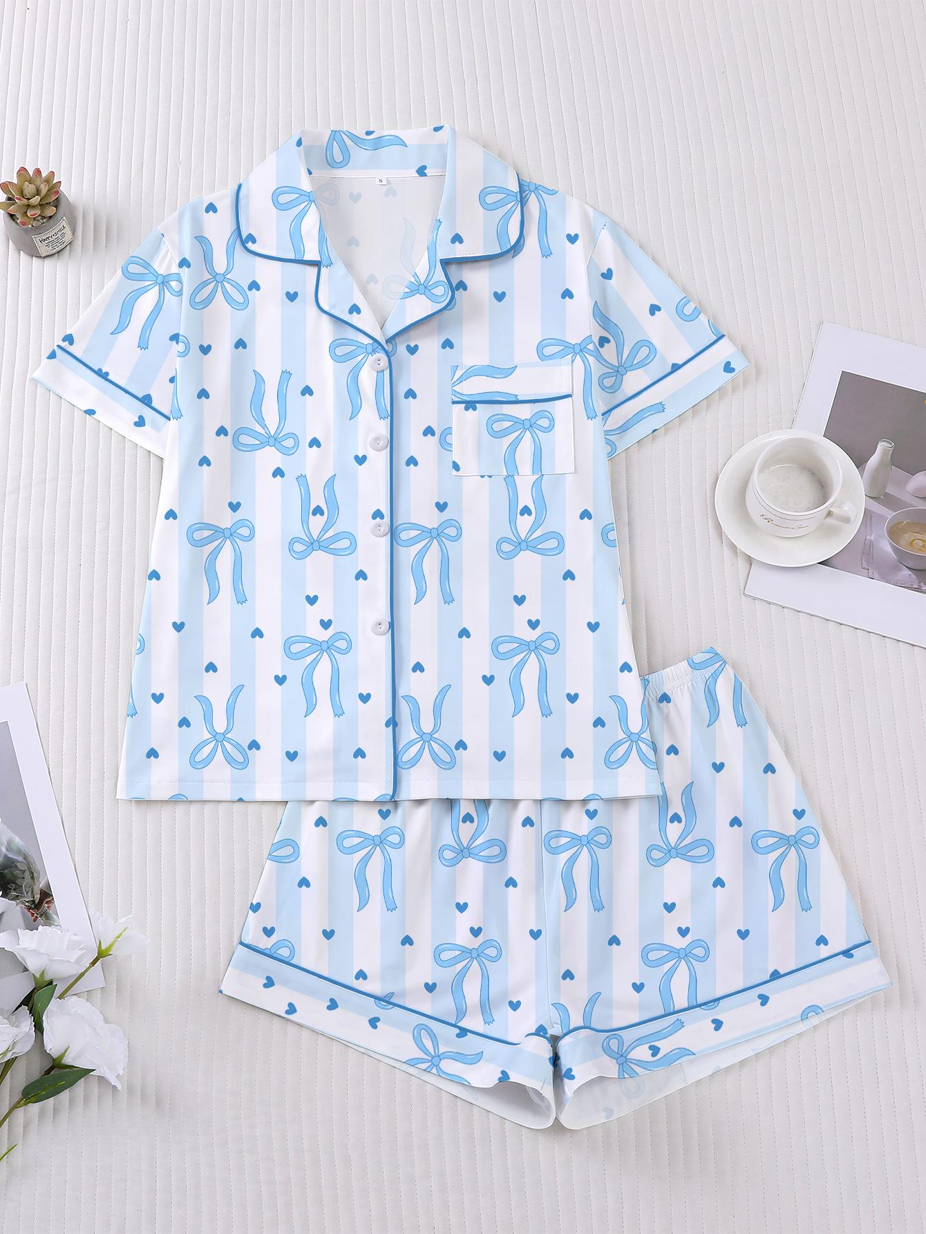 European and American Women s Bow Print Lapel Short Sleeve Pajama Set Large