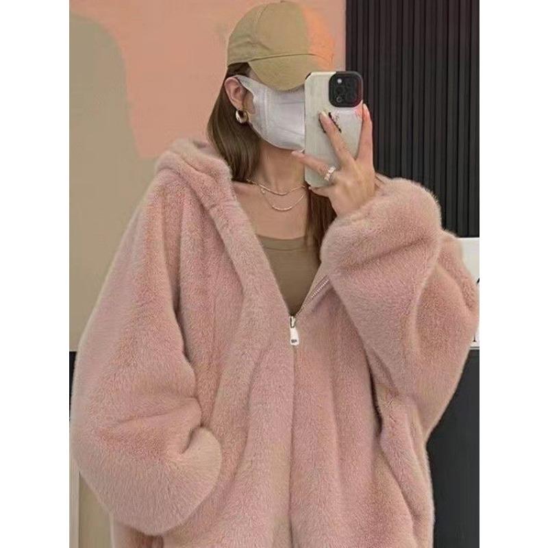 Faux Fur Coat Women Casual Hoodie Loose Fluffy Thicken Warm Jacket Female Winter Fashion Solid Zipper Warm Outwears Lady